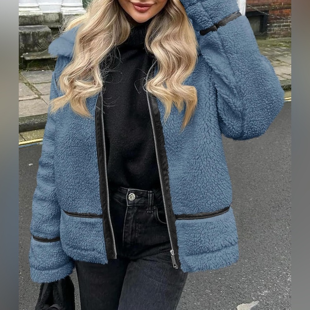 Tankaneo Faux Fur Jacket Winter Trendy Sherpa Moto Leather Patchwork Zip Up Coat